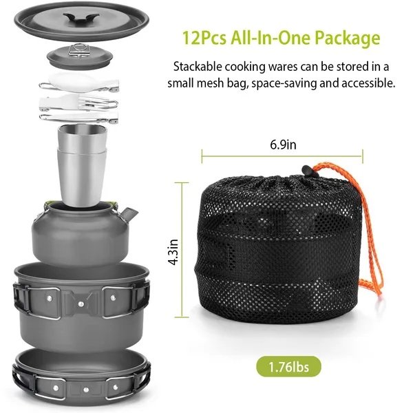 12Pcs Camping Cookware Set Camping Stove Aluminum Pot Pans Kit - Image 2
