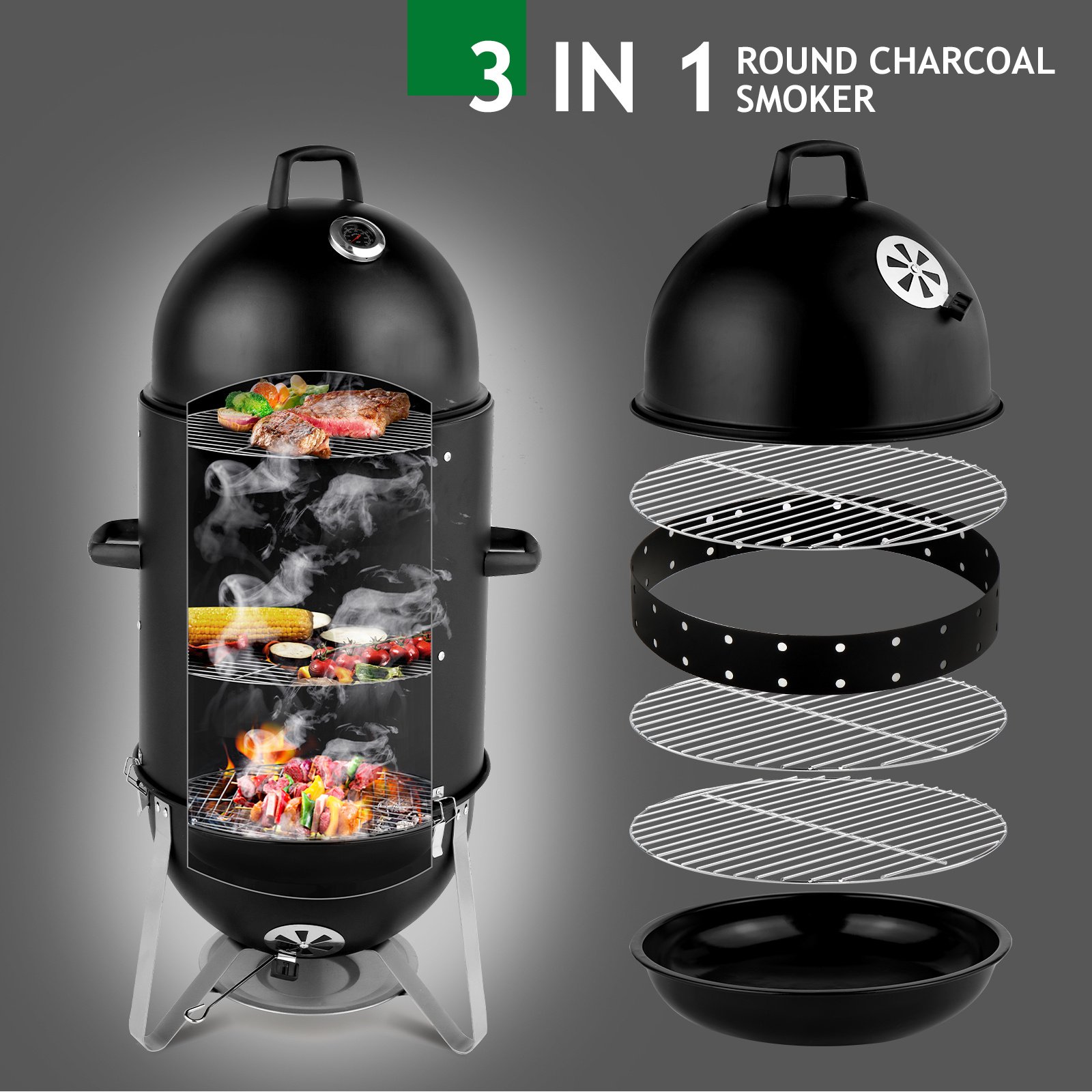 48x48x119cm Black 3-layer Oval Cylinder Smoker Iron Charcoal Grill - Image 7
