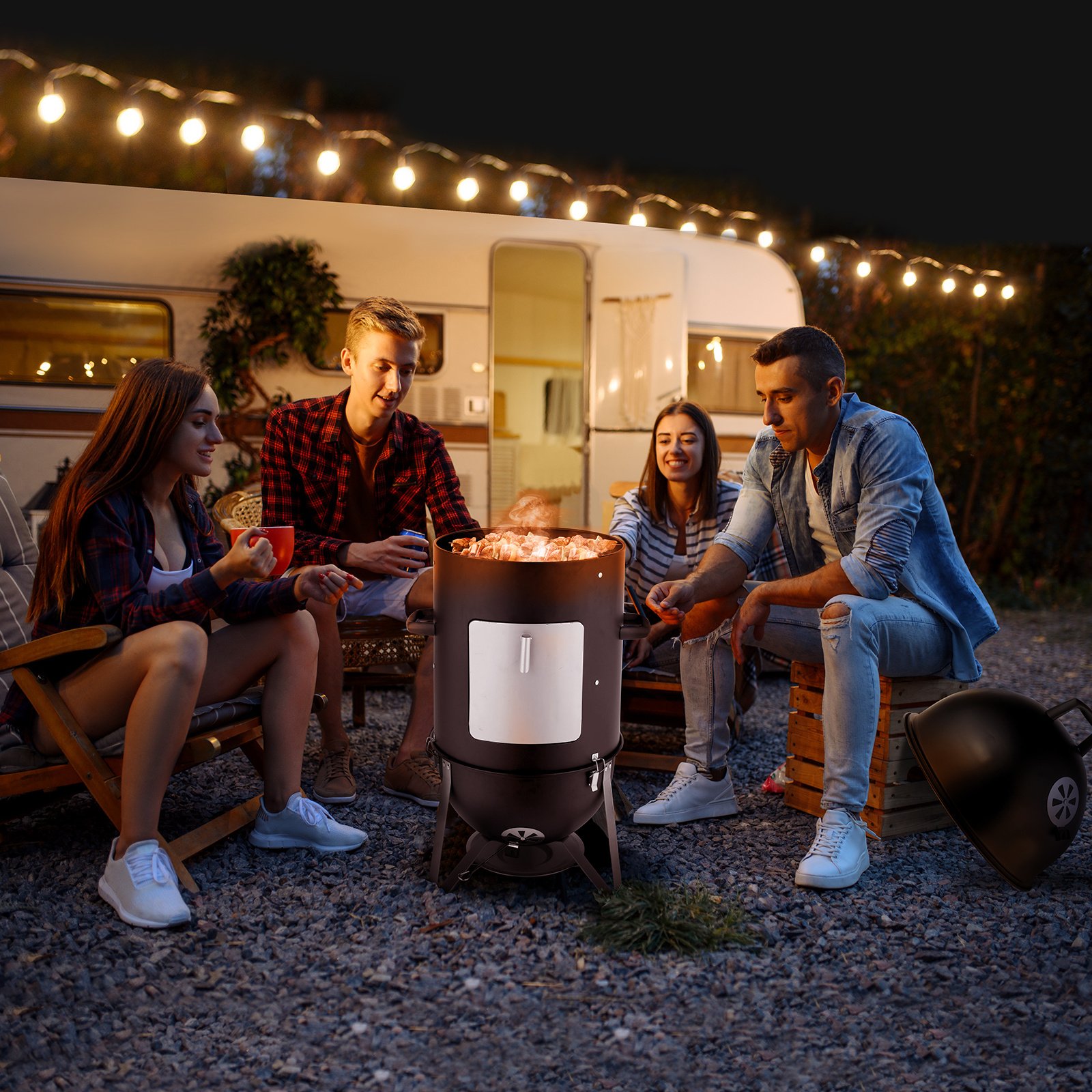 48x48x119cm Black 3-layer Oval Cylinder Smoker Iron Charcoal Grill - Image 8