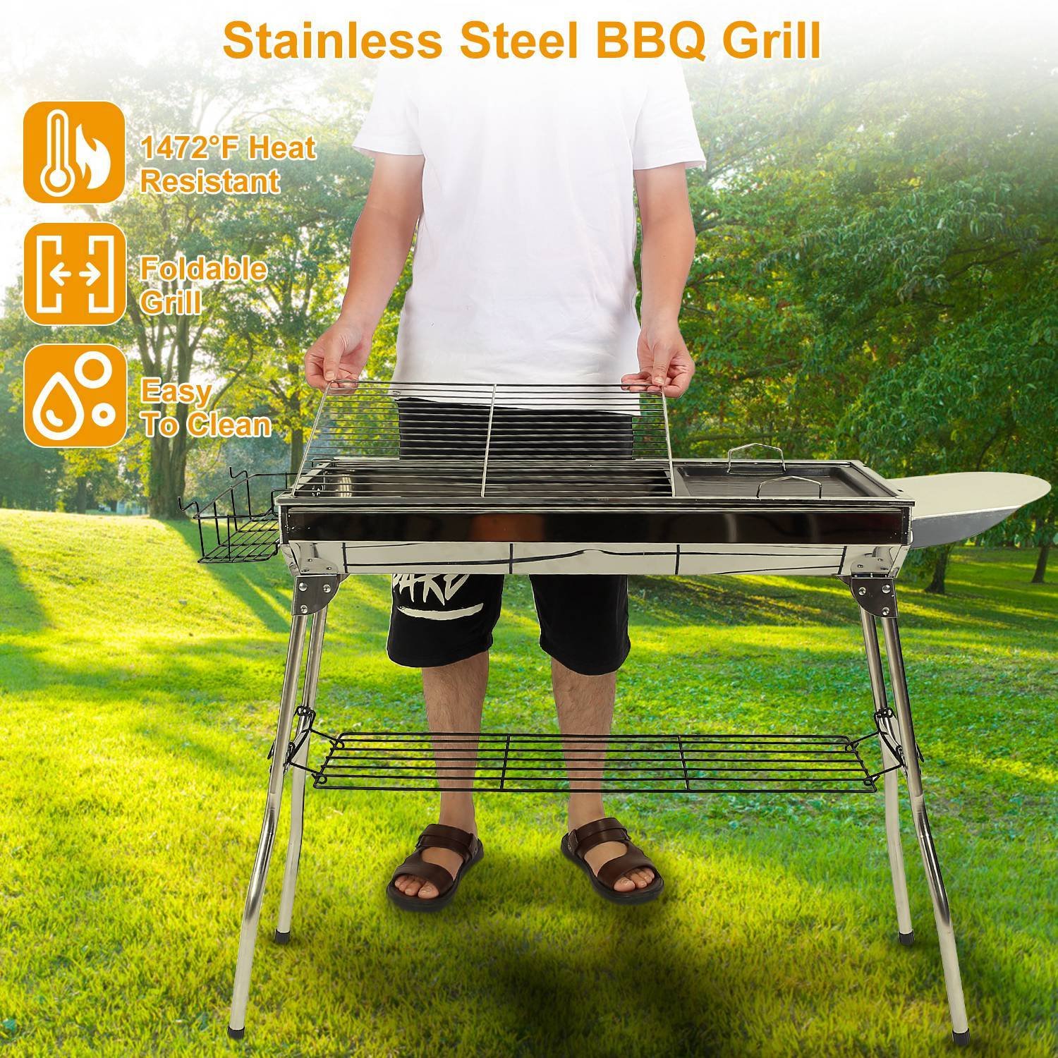 1Pc Foldable BBQ Grill For Outdoor Picnic Portable Charcoal Barbeque Grill Stainless Steel BBQ Grill For Picnic Camping Yard Cooking Fedex Shipping - Image 2