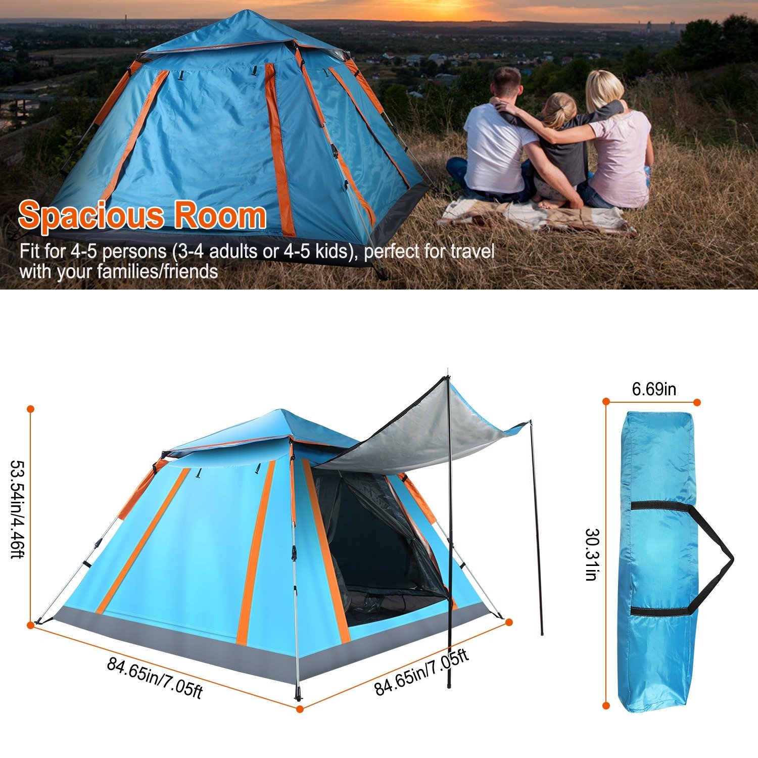 1Pc 4-5 Person Camping Tent With 2 Mosquito Nets Windows Carry Bag Waterproof 7.05x7.05x4.46ft For Hiking Climbing Adventure Fishing Fedex Shipping - Image 3