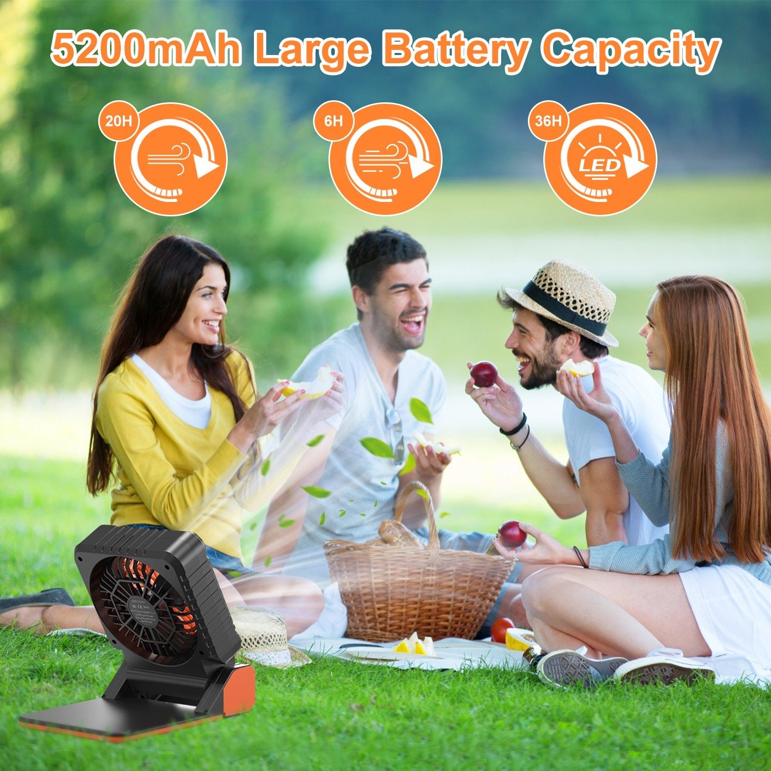 1Pc Solar Camping Fan With LED Lantern 5200mAh Rechargeable Battery Operated Portable Fan With Emergency Power Bank 4 Wind Speeds 3 Light Modes 3 Timers For Hiking Fishing Travel - Image 2