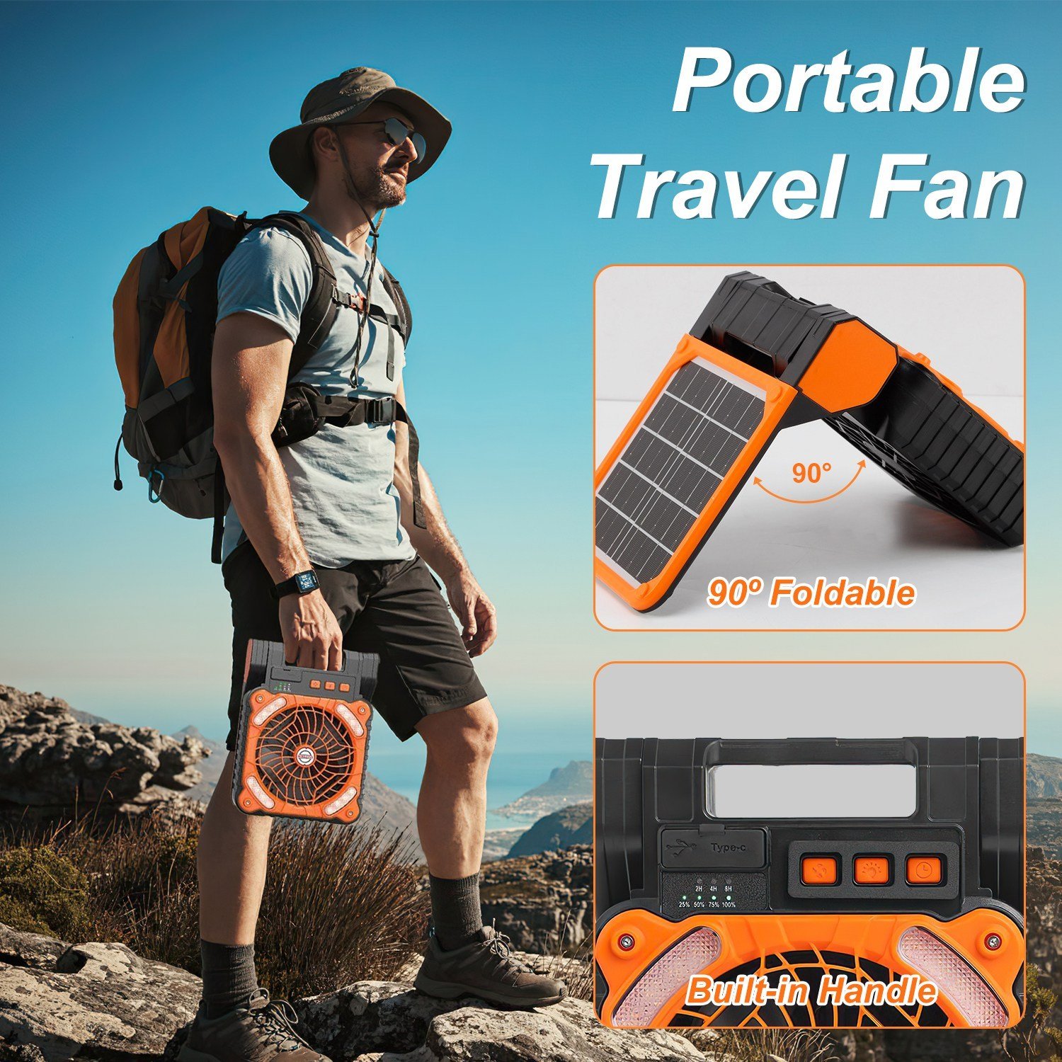 1Pc Solar Camping Fan With LED Lantern 5200mAh Rechargeable Battery Operated Portable Fan With Emergency Power Bank 4 Wind Speeds 3 Light Modes 3 Timers For Hiking Fishing Travel - Image 5