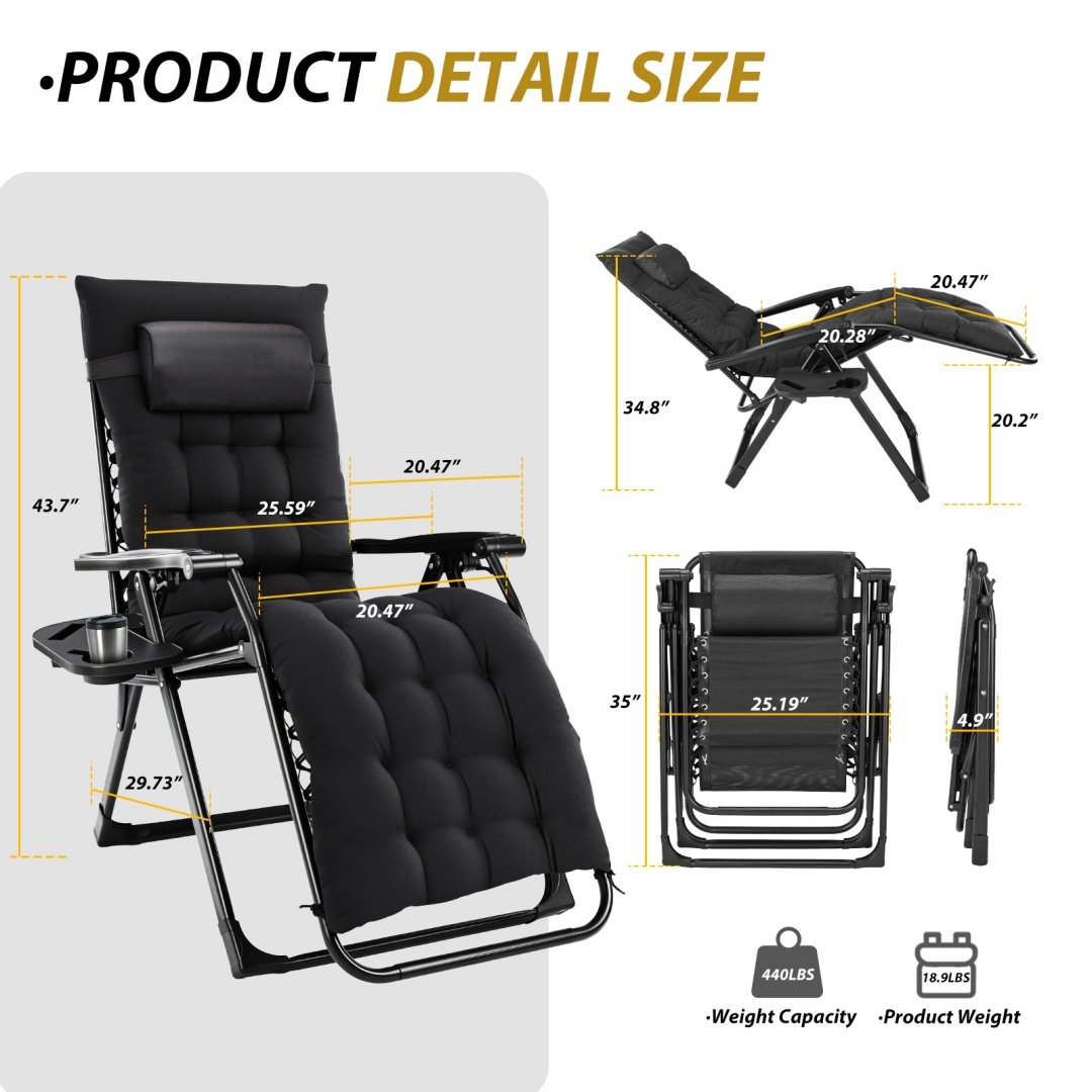 Zero Gravity Chair, Reclining Camping Lounge Chair For Indoor, Reclining Patio Chairs With Cup Holder Trays And Removable Cushion - Image 9