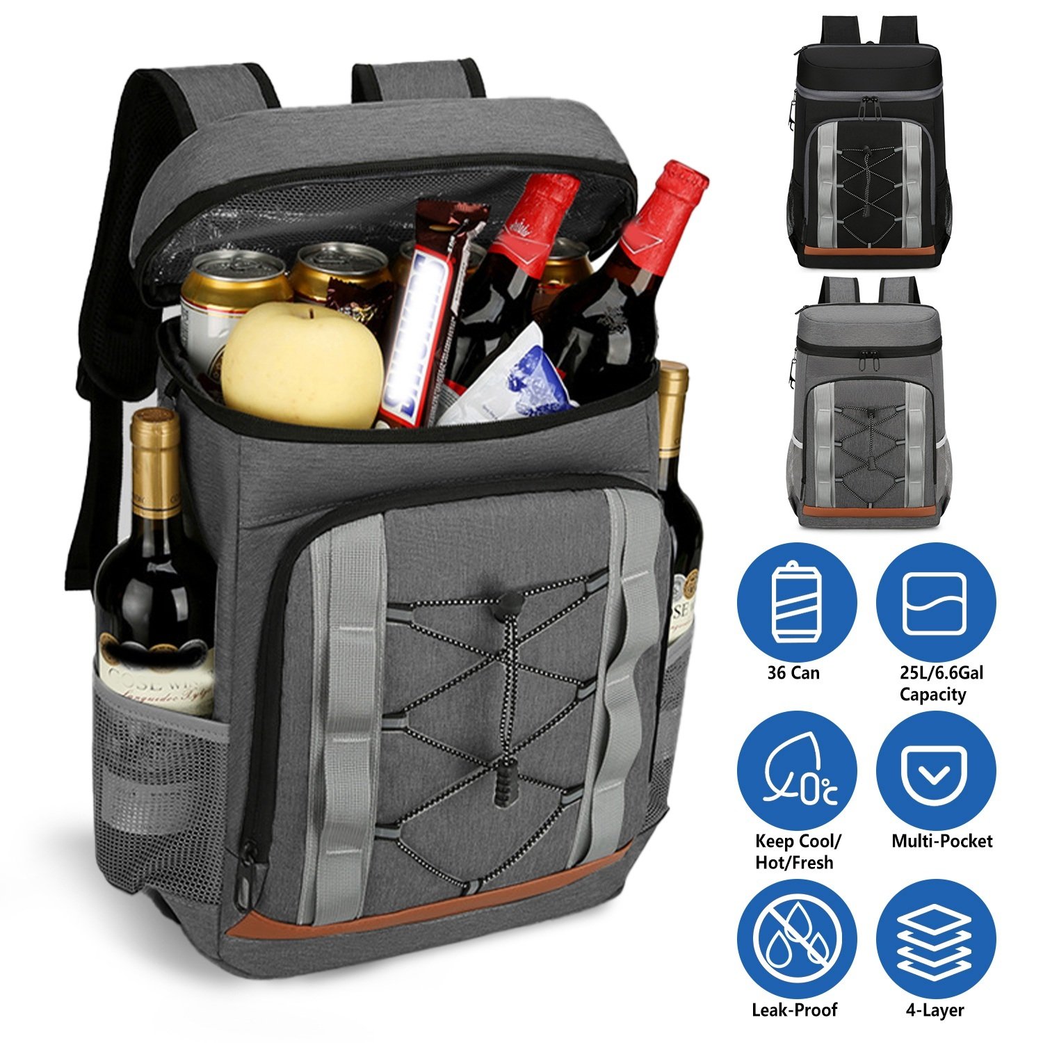 Grey-Black Options 1Pc Cooler Backpack 36 Can Leakproof Insulated Cooler Backpack With 25L 6.6Gal For Picnic Camping Beach Hiking Fishing Travel - Image 7