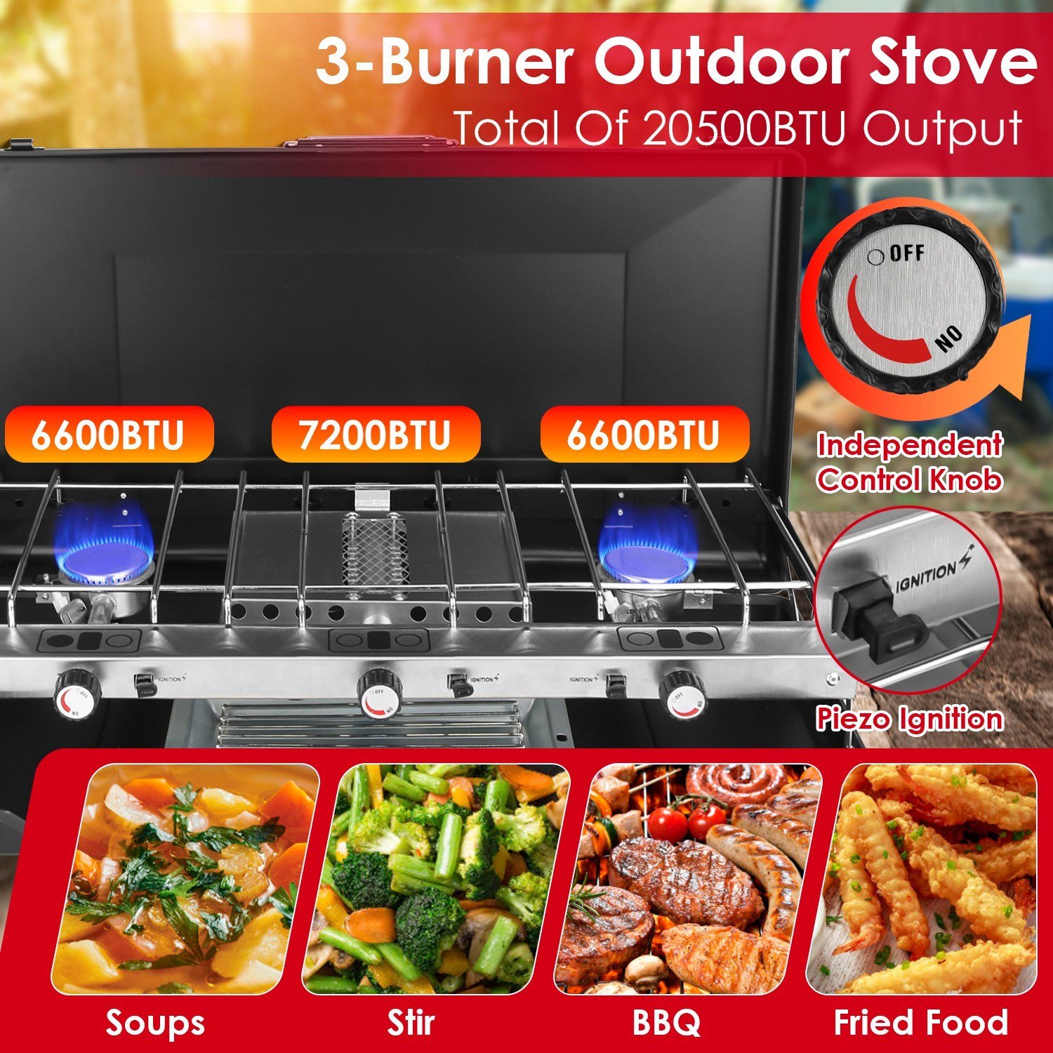 3 Burner Camping Stove 20000 BTU Portable Foldable Propane Stove With Toast Tray Windshield Portable Handle Outdoor Cooking Gas Stove For RV Camping BBQ Picnic - Image 7