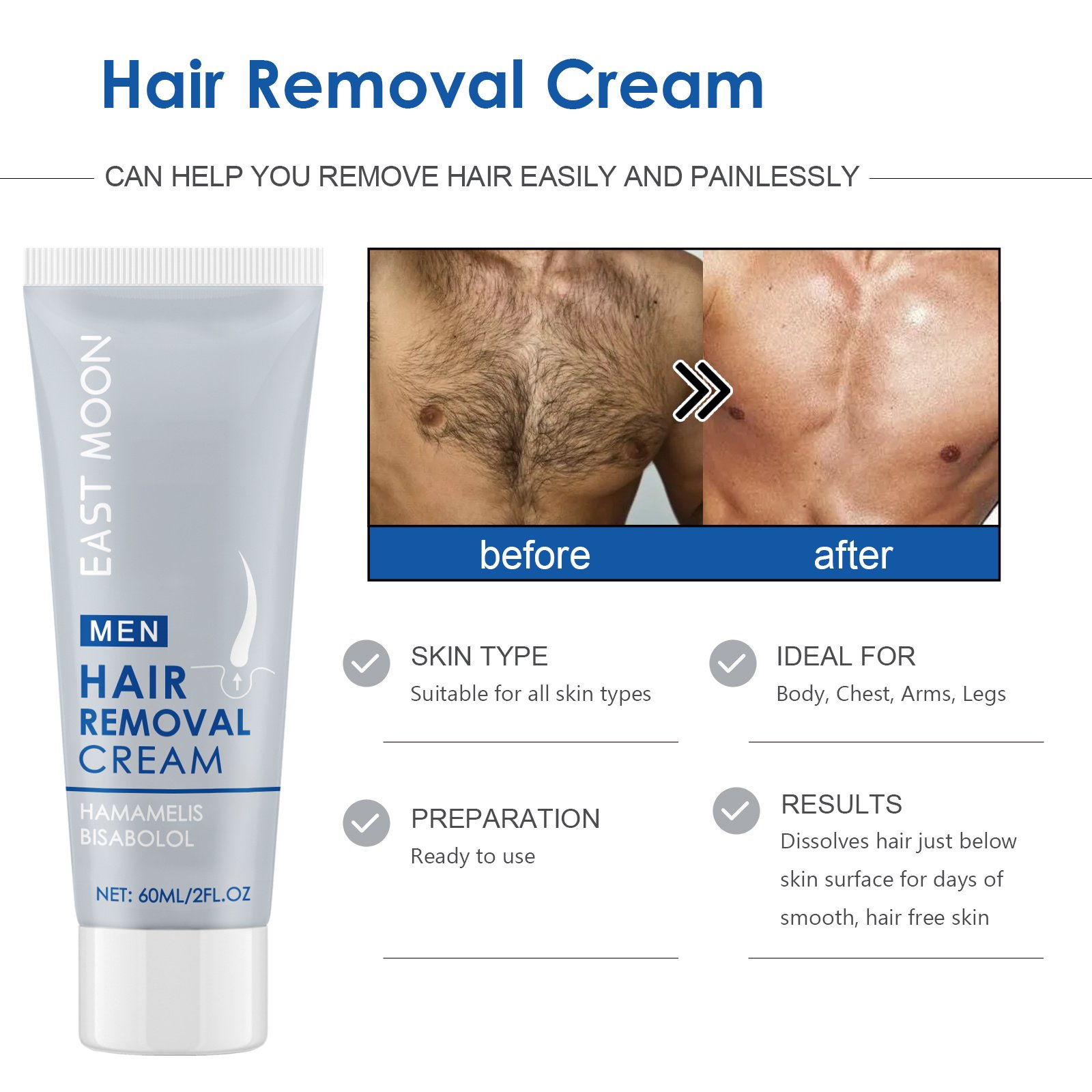 East Moon Hair Removal Cream, For Men Men's Underarm Arm And Leg Hair Gentle Non-Irritating Cleaning Hair Removal Cream - Image 5