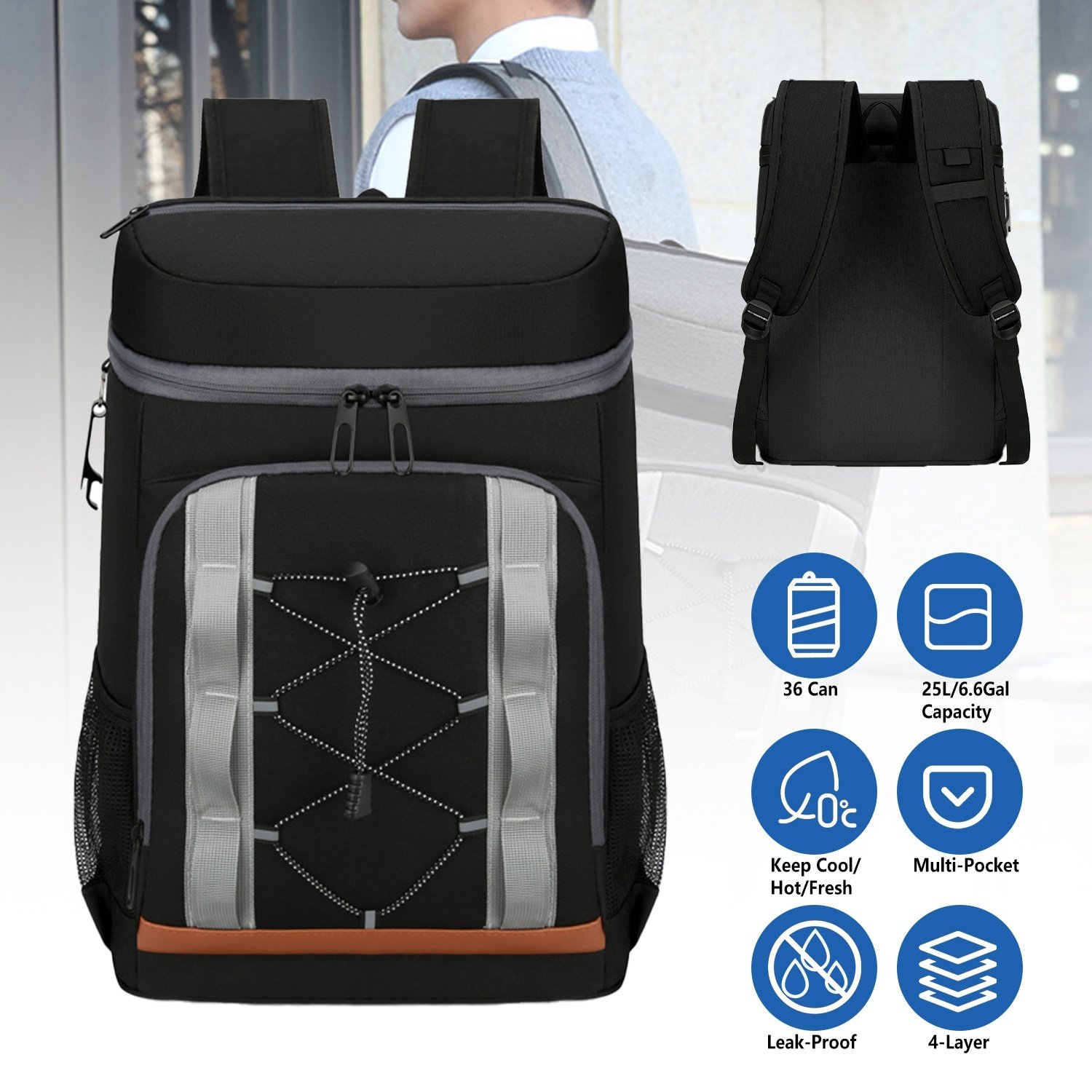 Grey-Black Options 1Pc Cooler Backpack 36 Can Leakproof Insulated Cooler Backpack With 25L 6.6Gal For Picnic Camping Beach Hiking Fishing Travel - Image 3