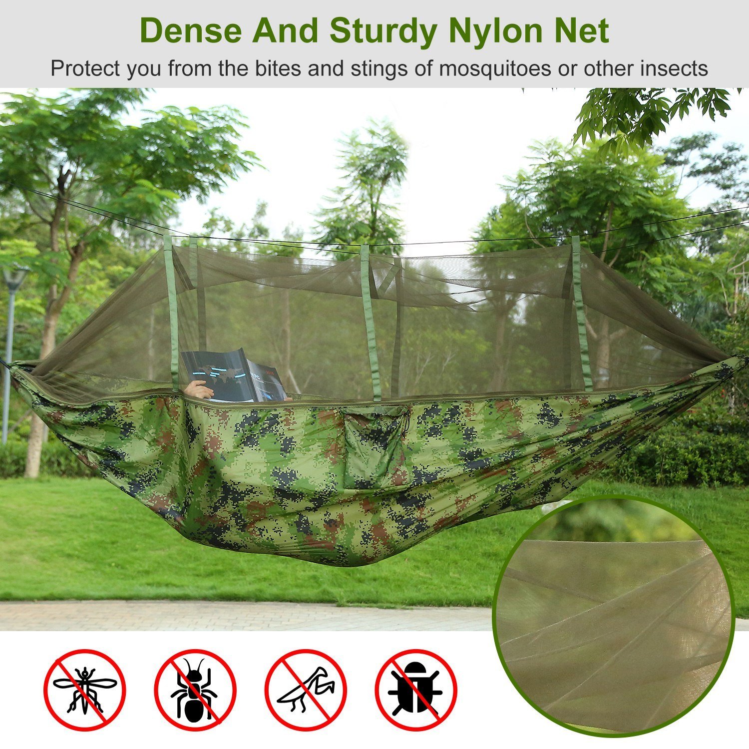 1Pc 600lbs Load 2 Persons Hammock With Mosquito Net Outdoor Hiking Camping Hommock Portable Nylon Swing Hanging Bed With Strap Hook Carry Bag - Image 2
