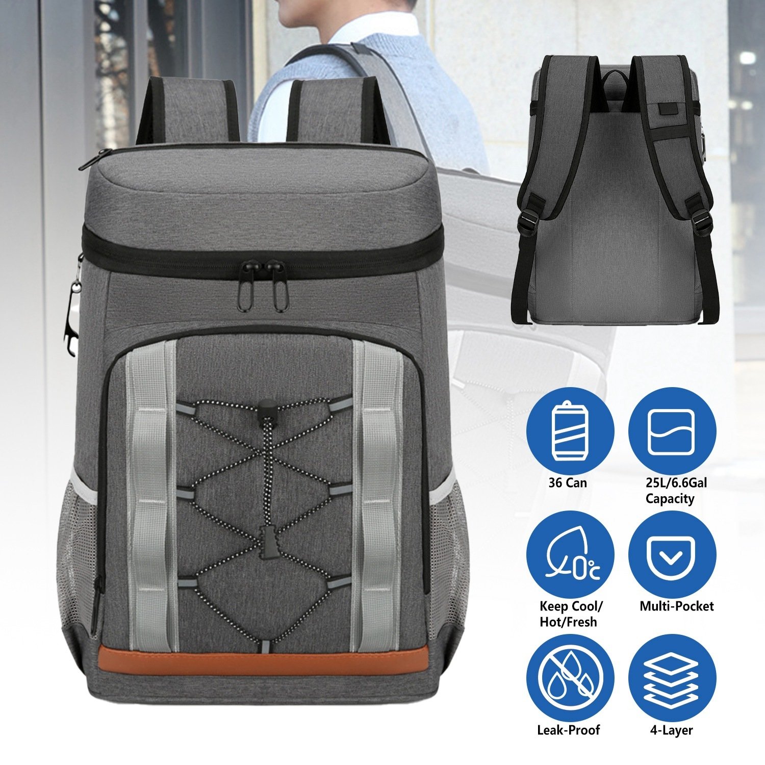 Grey-Black Options 1Pc Cooler Backpack 36 Can Leakproof Insulated Cooler Backpack With 25L 6.6Gal For Picnic Camping Beach Hiking Fishing Travel - Image 2