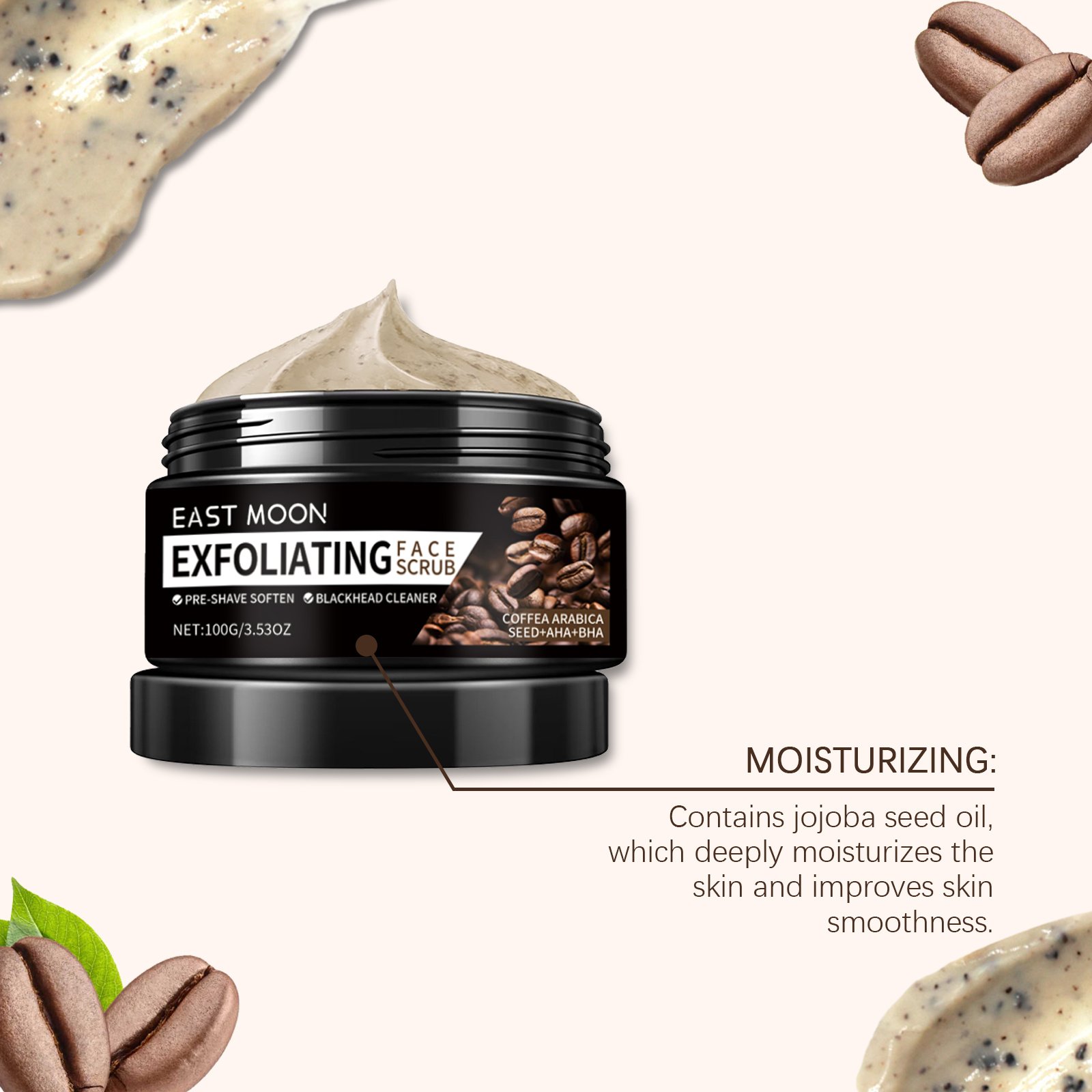 East Moon Coffee Facial Scrub, Men's Facial Hair Cleanser Pores Refreshing Comfort Cleansing Cream - Image 5