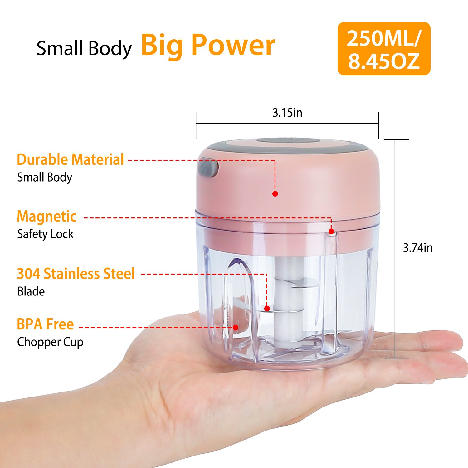 Mini Electric Garlic Chopper 8.45OZ Cordless Garlic Mincer Food Chopper Rechargeable Food Blender Chili Nut Onion Pepper Meat Ginger Food - Image 6