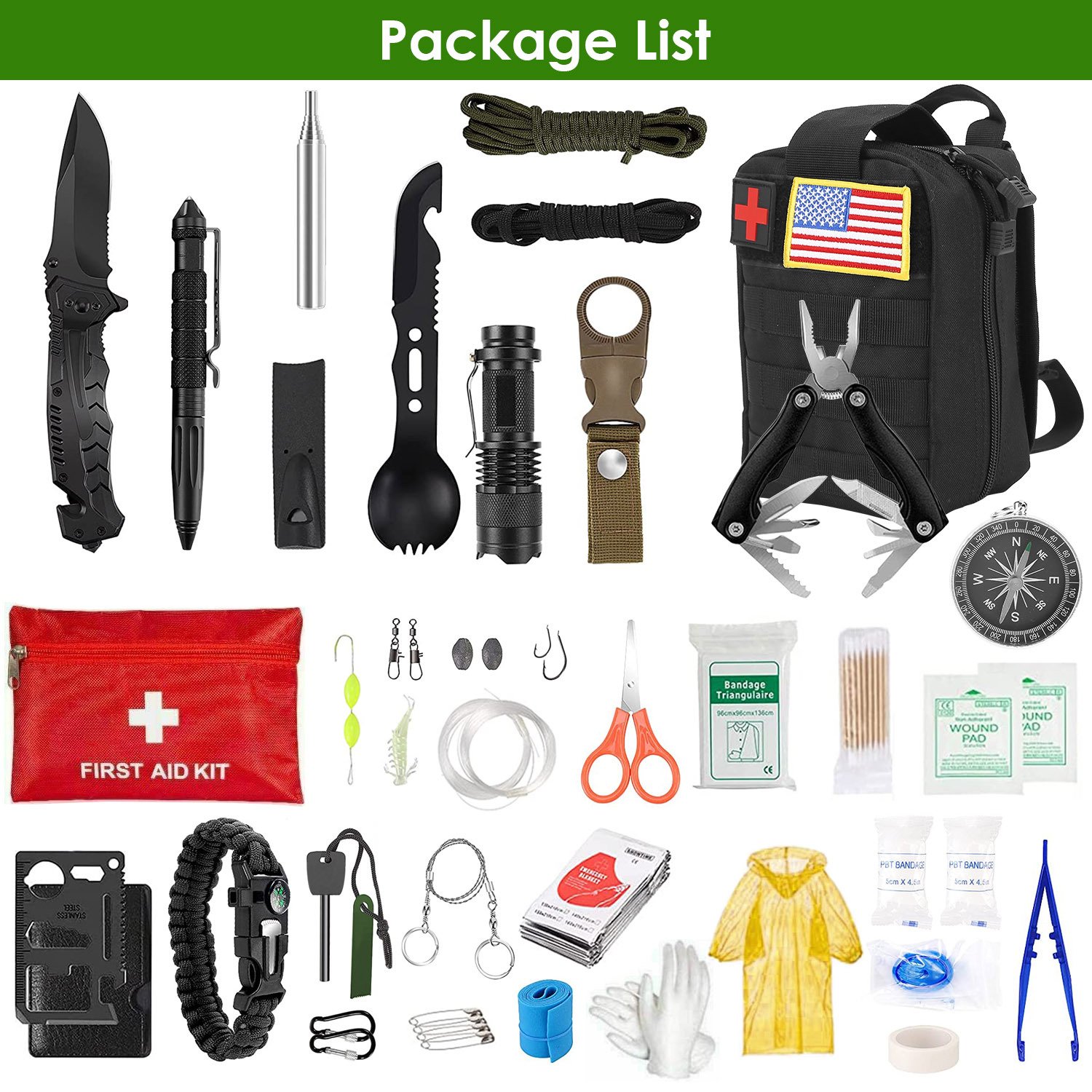 47Pcs Emergency Survival Kit Survival EDC Gear Equipment Tool First Aid Supplies Kit Tools With Pouch For Hiking Hunting Disaster Camping Adventure - Image 2
